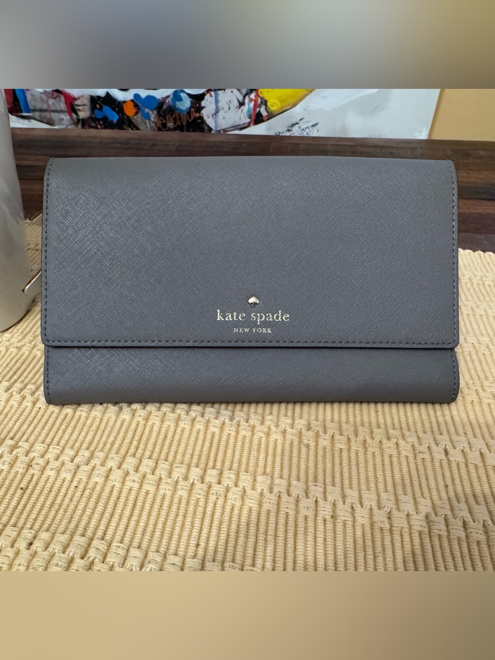 kate spade Gray Saffiano Leather Flap Wallet with Gold Logo